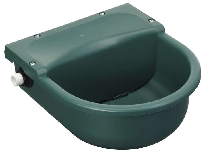 8970207---22522 Grüne Futterwanne aus Kunststoff mit einem Anschluss für Wasser, halbrund geformt.